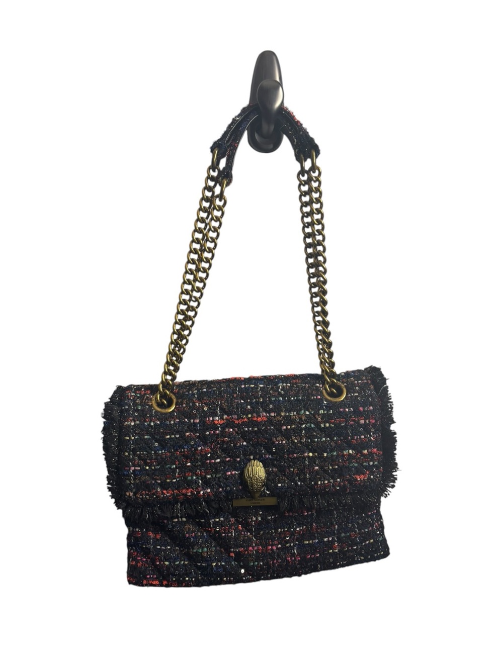 Designer-Inspired Black Tweed Shoulder Bag with Chain Strap